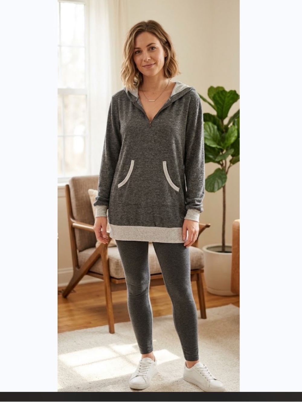 VENUS Gray Half‑Zip Hoodie Tunic with Light Gray Trim